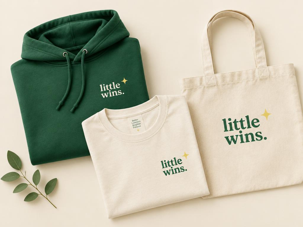 Little Wins branded green hoodie, cream t-shirt, and canvas tote bag