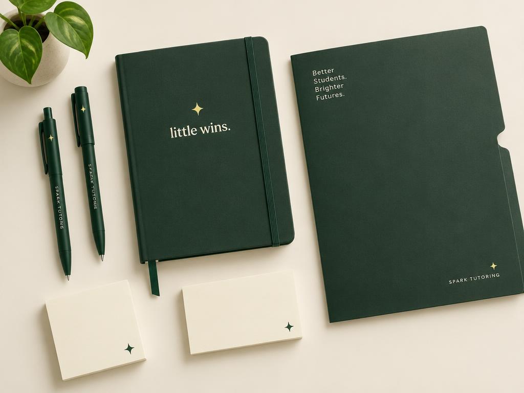 Little Wins branded notebook, pens, sticky notes, and folder in forest green and cream
